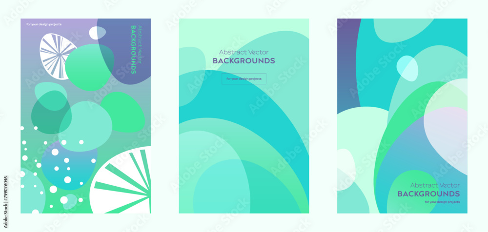Vector illustration set of bright color abstract background with organic shapes for dynamic cover designs, green, purple, white, turquoise, flyer, poster template