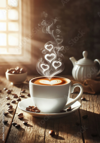 A coffee cup with warm steam forming heart shapes above it.