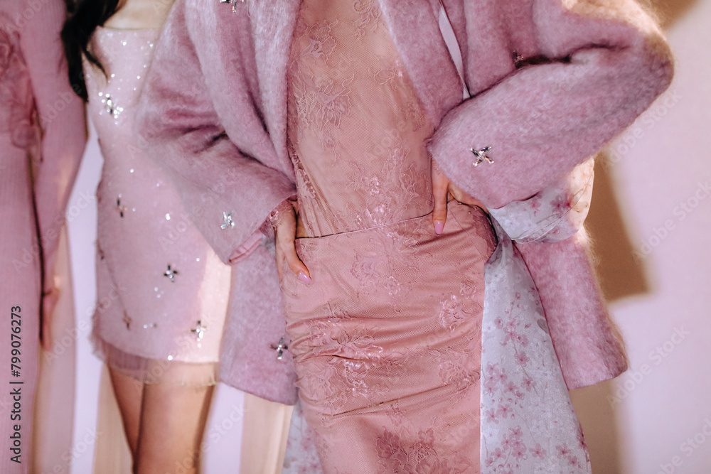 Pastel pink charming fashion outfit, trendy elegant women's clothes. Fashion look Pastel pink charming fashion outfit, trendy elegant women's clothes. Fashion look