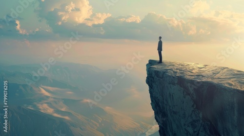 businessman standing on cliff's edge and looking at the mountain on which he will climb, an employee looking for a way to his goal, business concept challenge and the goal --ar 16:9 Job ID: d80dcacc-b photo