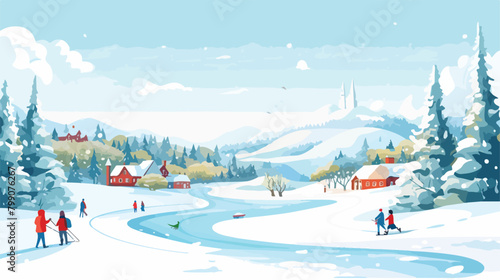 Panorama of winter landscape with leisure people ve