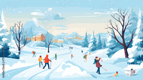 Panorama of winter landscape with leisure people ve