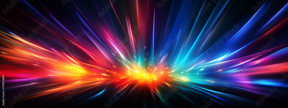 Digital abstract background with neon lines with rainbow colors glowing in the dark
