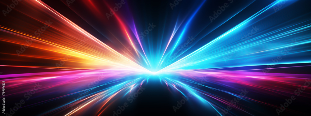 Digital abstract background with neon lines with rainbow colors glowing in the dark
