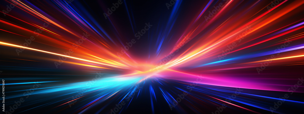 Digital abstract background with neon lines with rainbow colors glowing in the dark
