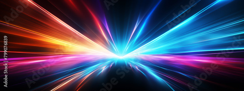 Digital abstract background with neon lines with rainbow colors glowing in the dark 