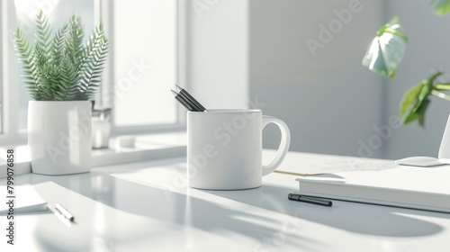 White desk table of clean workspace with supplies and coffee mug concept. Generated AI © is