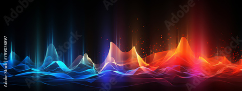 Digital abstract background with neon lines with rainbow colors glowing in the dark 