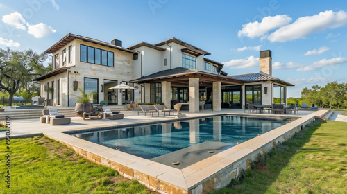 An expansive modern residence under a clear blue sky features a large swimming pool and a stylish patio set within a lush landscape. The architecture combines clean lines with elegant stone accents © Stock Empire