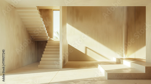 A serene minimalist entrance hall with a floating wooden staircase  the space is drenched in the soft warmth of sunlight casting sharp geometric shadows  creating an atmosphere of calm and simplicity