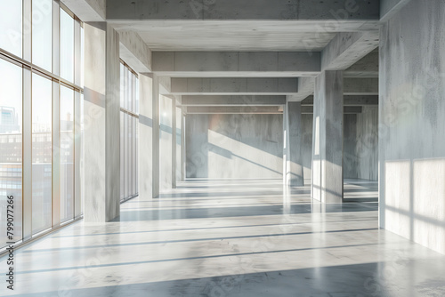 Sunlit Urban Concrete Loft. Sunlight casts geometric shadows in a spacious  empty concrete loft with large windows and urban views.