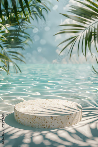 Stone podium on a summer tropical beach background  for product presentation. Mockup of pedestal