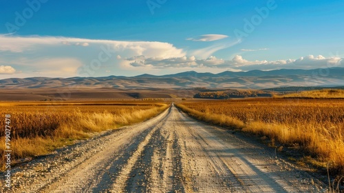 An empty road with tire tracks with beautiful nature landscape of blue sky background. Generated AI