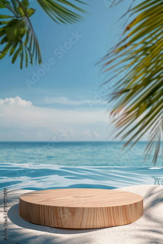 Wooden podium on a summer tropical beach background for product presentation. Mockup of pedestal © Mikhail