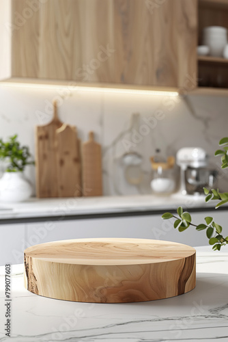 Natural wooden podium on a marble tabletop in kitchen interior for empty show for product display. Mock up the pedestal