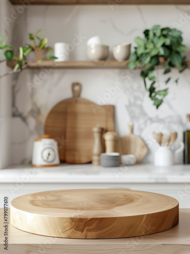 Round wooden board on a  table in kitchen interior for product display. Mockup. Shallow depth of field