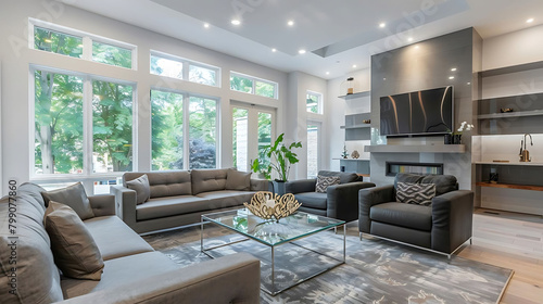 contemporary family room with sleek glass coffee table  gray couch  and decorative pillows the room