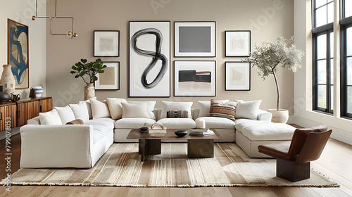 contemporary living room with abstract art gallery wall featuring a white couch, brown chair, and v © YOGI C