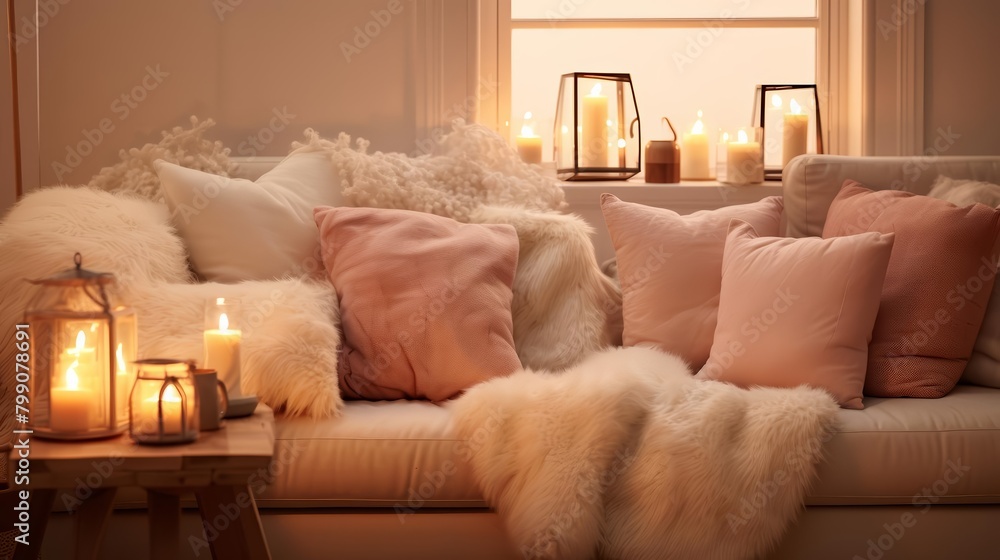 A cozy living room with a soft, white sofa