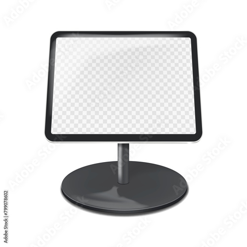 Countertop tablet holder podium stand with transparent screen vector mockup. Table digital display mock-up. Template for design © JAYANNPO