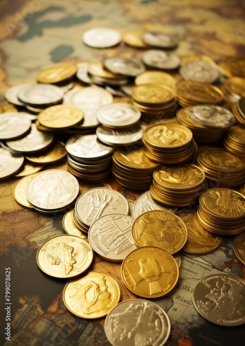 A pile of gold and silver coins on a world map.