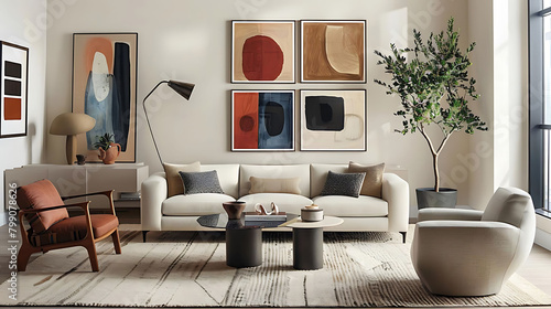 contemporary living room with abstract art gallery wall featuring a white couch, wood and brown cha photo