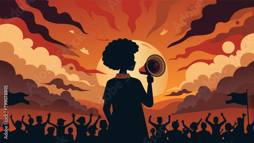 A silhouette of a speaker against a fiery sky their words inciting passion and awakening a sense of understanding and appreciation for the history of. Vector illustration