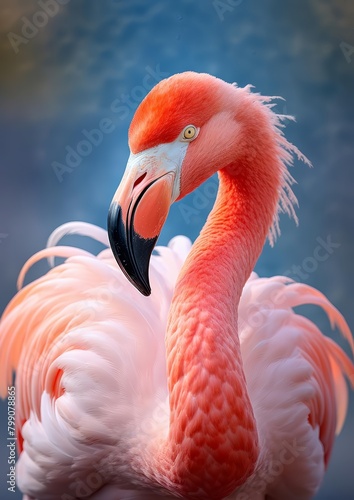 A beautiful close-up of a pink flamingo with its head turned to the side