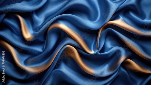 Blue silk background, dark blue, swirling fabric on a soft silk cloth texture. Created with Ai