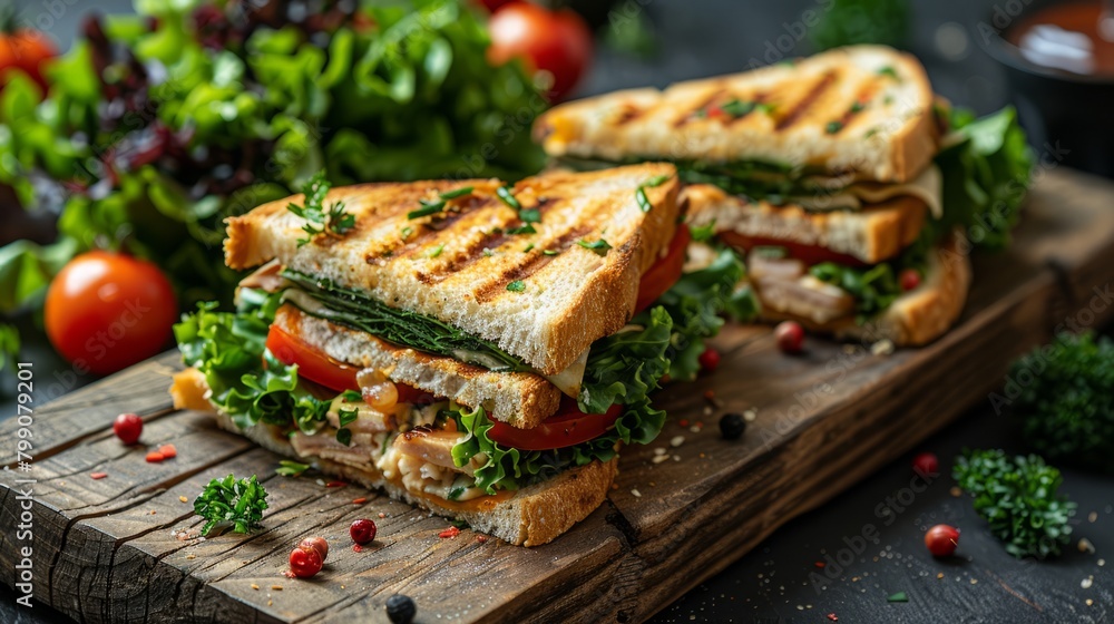 Club Sandwich and Salad greens on a wooden tray. Club Sandwich and Salad greens on a wooden tray.