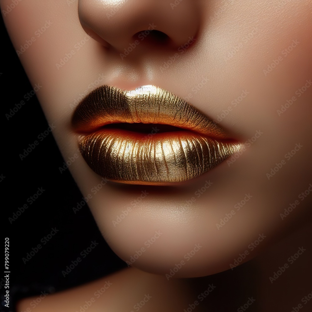 close-up of a person's face, focusing on their lips. The lips are coated with a shiny, metallic gold substance close-up of a person's face, focusing on their lips. The lips are coated with a shiny, metallic gold substance