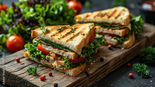 Club Sandwich and Salad greens on a wooden tray.