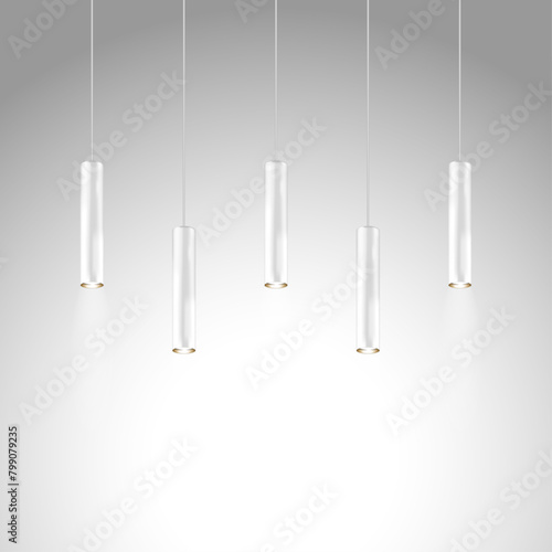 Hanging pendant tube shaped lamps. Modern interior light. Chandelier with white metal cylindrical lampshade. Realistic vector illustration