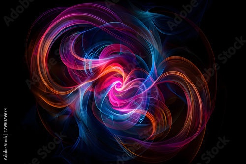 Vibrant neon abstract art with colorful swirling patterns. Stunning display on black background.