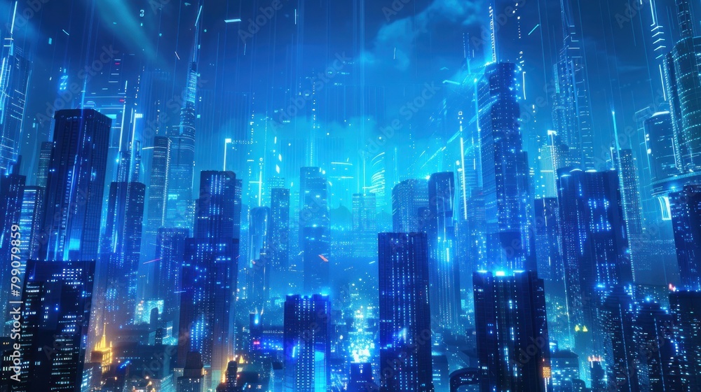 3d render Landscape modern blue neon light city background. Generated AI image