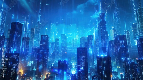 3d render Landscape modern blue neon light city background. Generated AI image © is