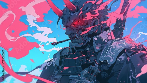 Anime red skinned Oni samurai wearing armor and smoking cigatette. photo