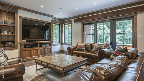 cozy family tv room with leather and wood seating, wood table, and striped pillows, featuring a lar photo