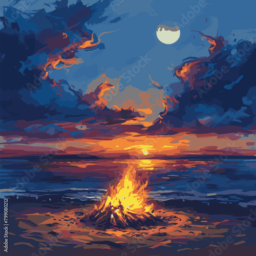 A painting of a beach with a fire and a moon in the sky