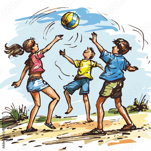 Three children playing with a yellow and blue ball