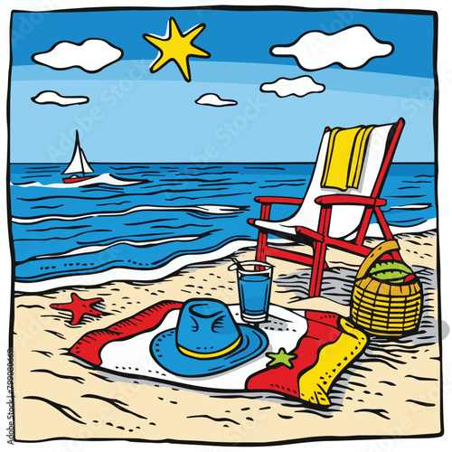 A beach scene with a chair, hat, and a basket