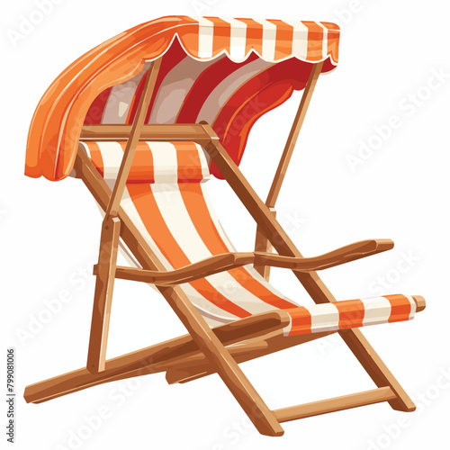 A wooden beach chair with an orange and white striped umbrella