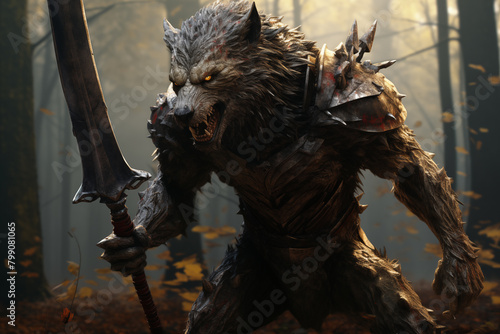 A giant humanoid wolf hold sword and stand in forest © capuchino009