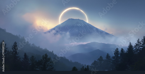 A breathtaking landscape showcases a mystical halo around Mount Fuji at twilight, embodying serenity