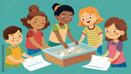 A group of children excitedly gather around a homemade papermaking station using recycled newspapers and cardboard to create their own unique