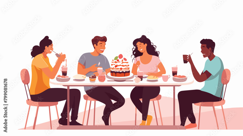 People eating desserts. Banner with men and women e