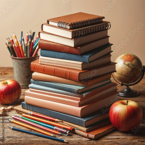 School books, pencils, apples and globe. AI generated.