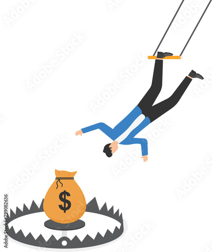 businessman going to catch the dollar coins on bear trap, metaphor of greedy financial risk and bad solutions, money trap business concept

