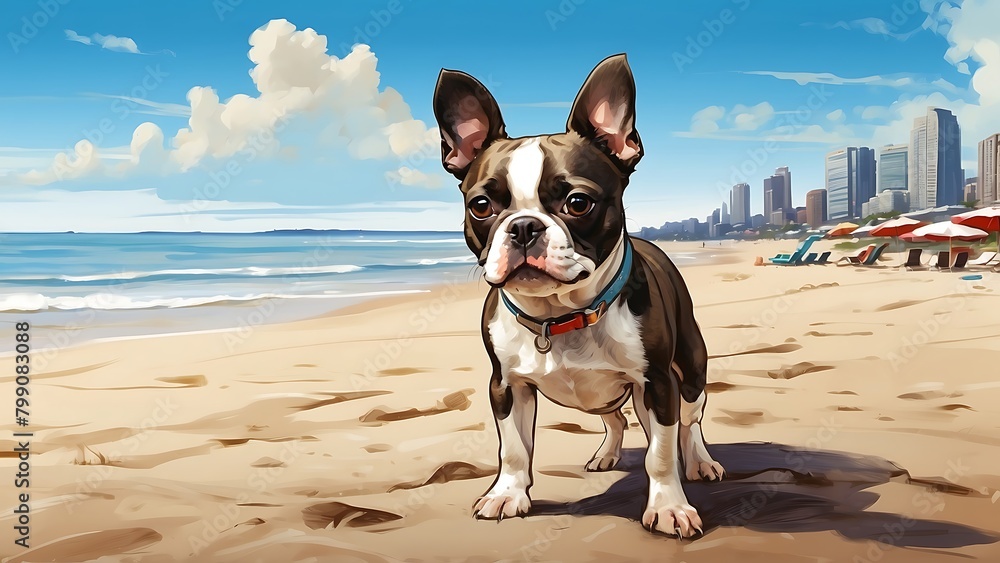 French bulldog sitting on the beach in sunny day. illustration. French bulldog sitting on the beach in sunny day. illustration.