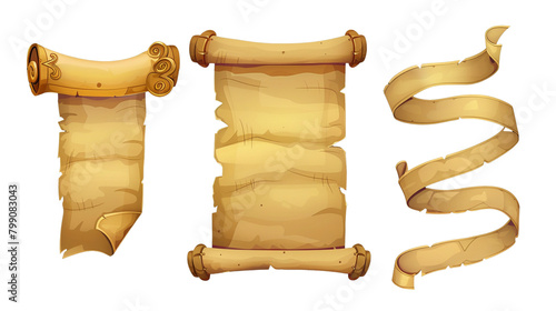 Parchment scroll and long ribbon with empty space for text. Magic game ui icons and assets of papyrus roll and sheet. Cartoon vector illustration set of blank ancient paper. Medieval frame and banner